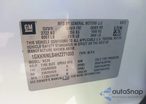 2017 GMC Acadia Slt-2 z USA, uszkodzony, nr VIN 1GKKNNLS4HZ271093